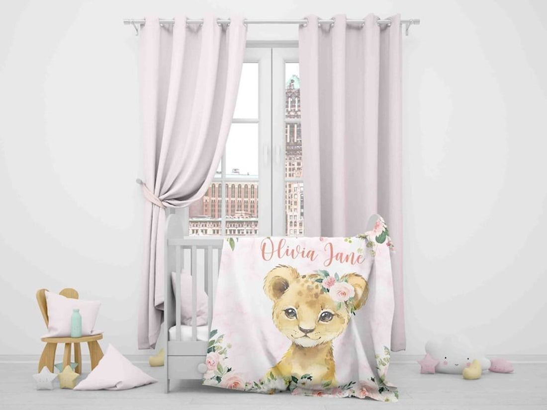 FUNSTUFFPRINT Custom  Baby Lion Blanket, Pink Floral Lion Nursery Blanket, Rose Flowers Little Girl Blanket, Kids Custom Blanket, Baby Shower Gift