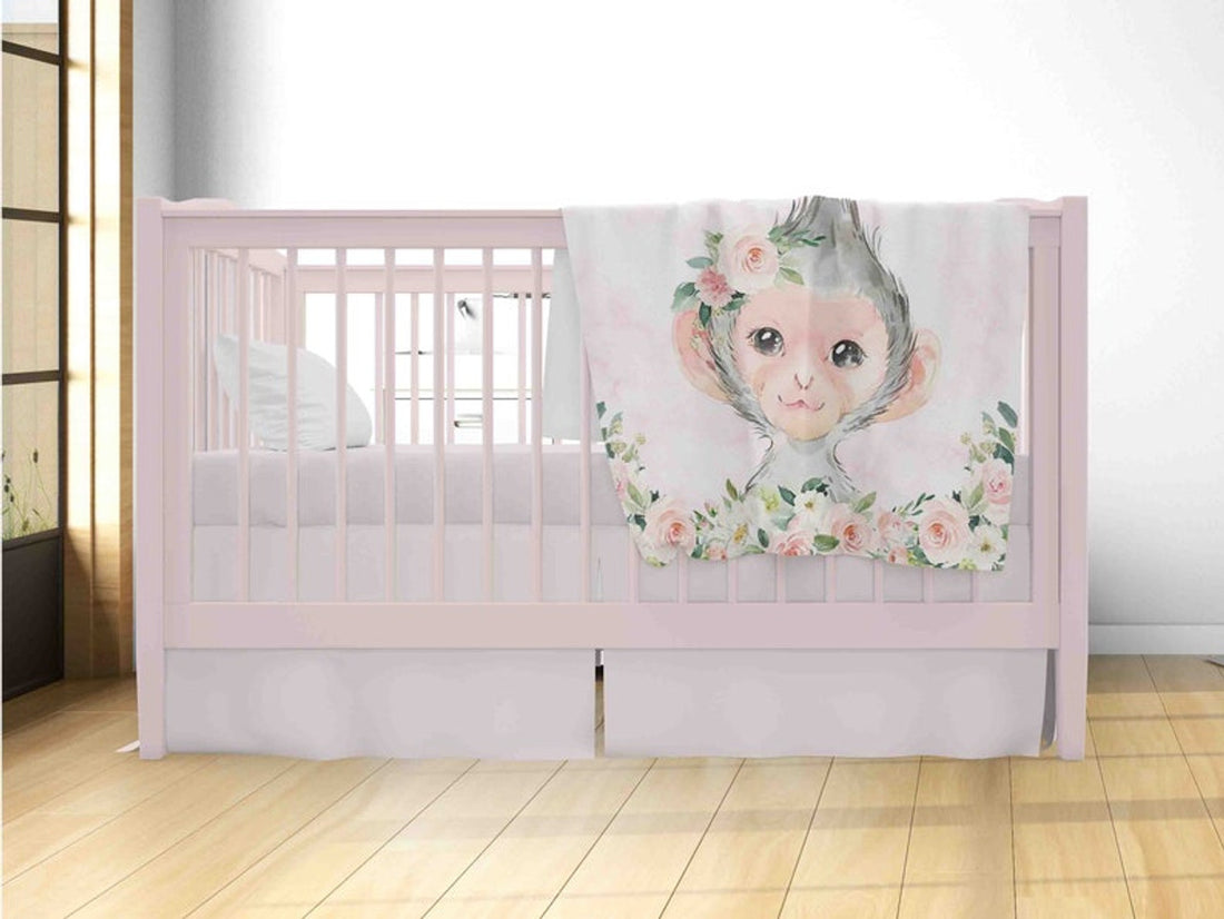 FUNSTUFFPRINT Custom  Pink Floral Monkey Nursery Blanket, Personalized Baby Monkey Blanket, Rose Flowers Girl Blanket, Kids Custom Name Blanket, Baby Shower Gift