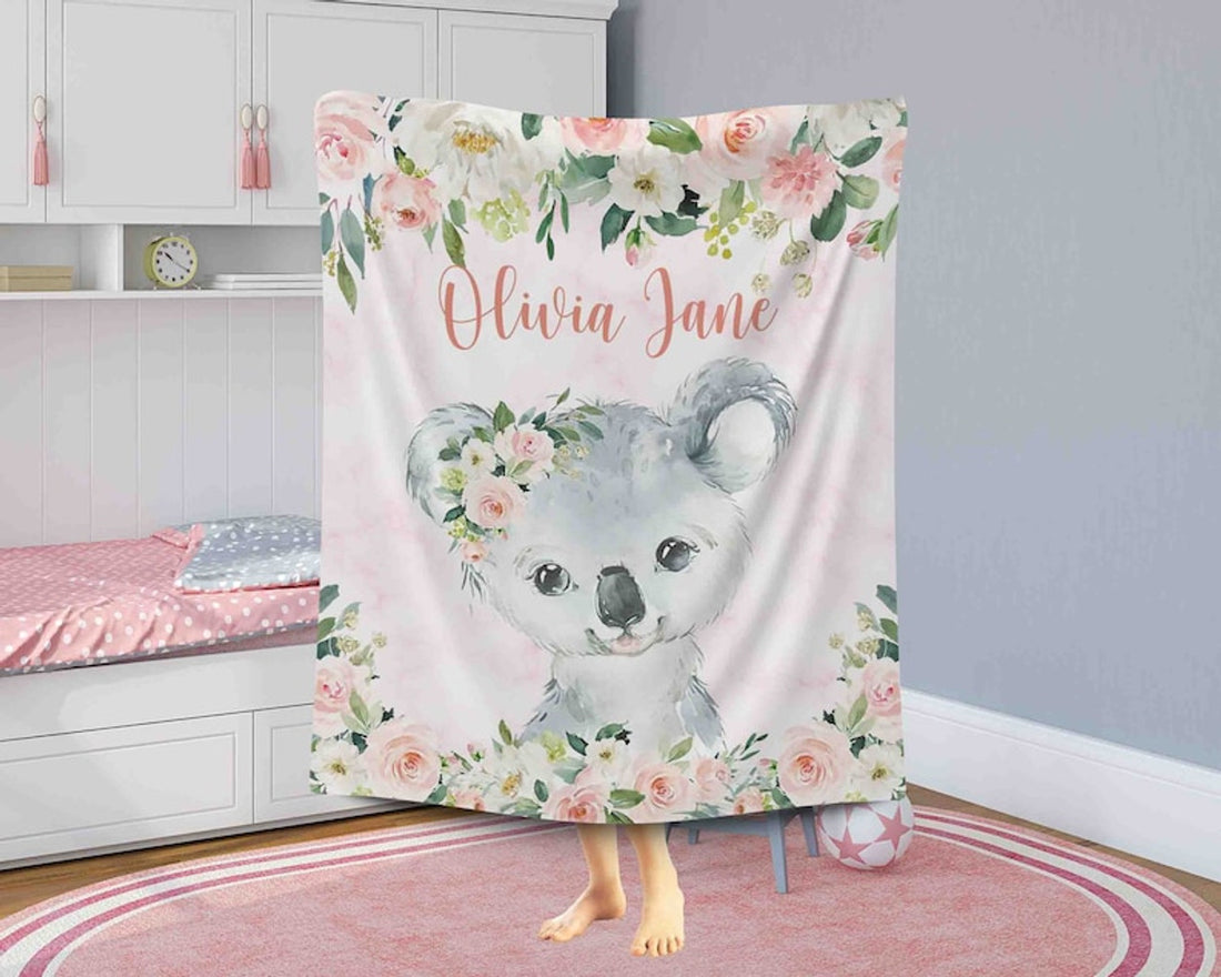 FUNSTUFFPRINT Custom  Pink Floral Koala Nursery Blanket, Personalized Baby Koala Blanket, Rose Flowers Little Girl Blanket, Kids Custom Blanket, Baby Shower Gift