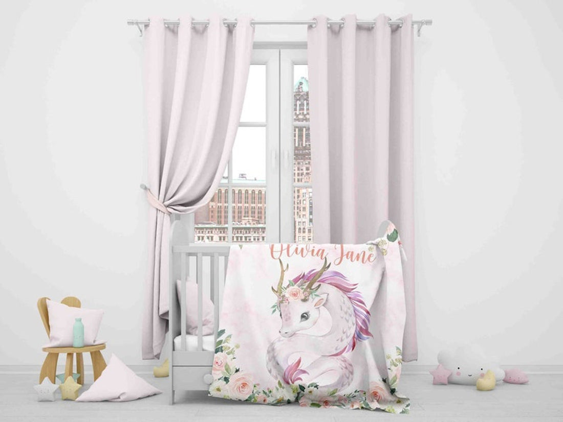 FUNSTUFFPRINT Custom  Pink Floral Dragon Nursery Blanket, Baby Dragon Blanket, Rose Flowers Girl Blanket, Personalized Baby Shower Gift, Kids Custom Name Blanket