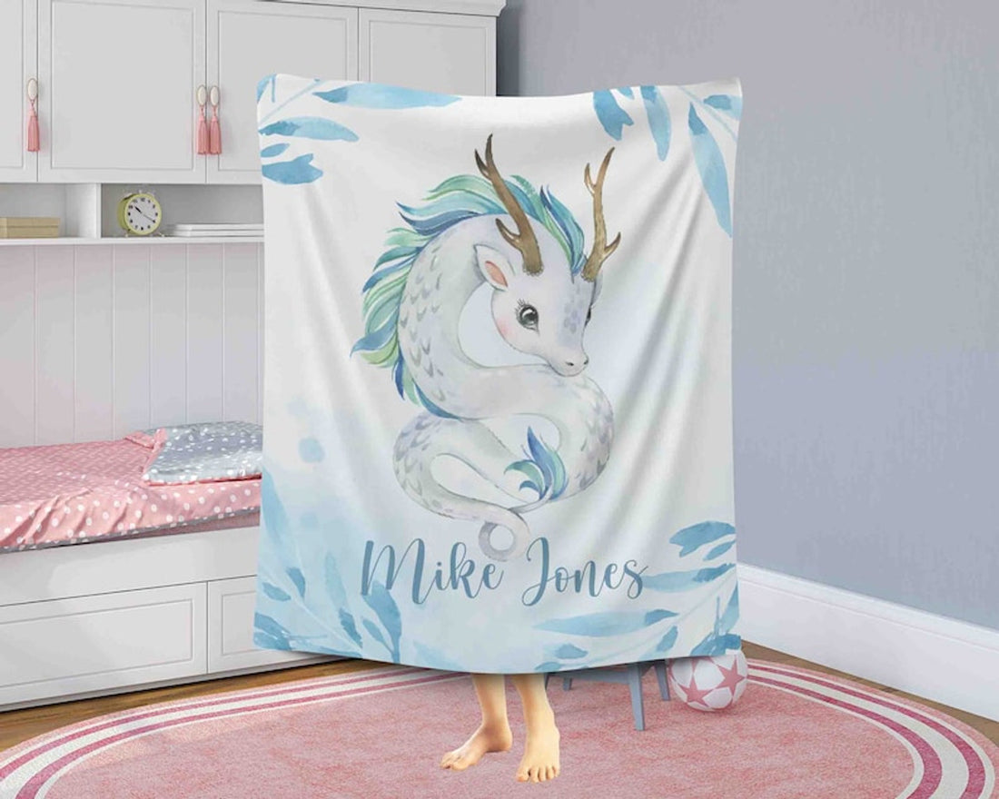 FUNSTUFFPRINT Custom  Baby Dragon Blanket, Blue Floral Dragon Nursery Blanket, Baby Boy Blanket, Personalized Baby Shower Gift, Kids Custom Name Blanket