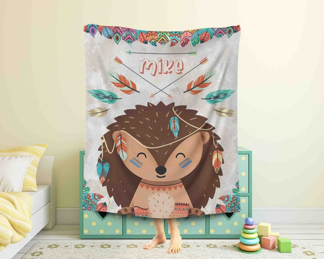 FUNSTUFFPRINT Custom  Boho Hedgehog Nursery Blanket, Personalized Baby Boy Blanket, Woodland Forest Toddler Blanket, Custom Kids Blanket, Safari Baby Shower Gift