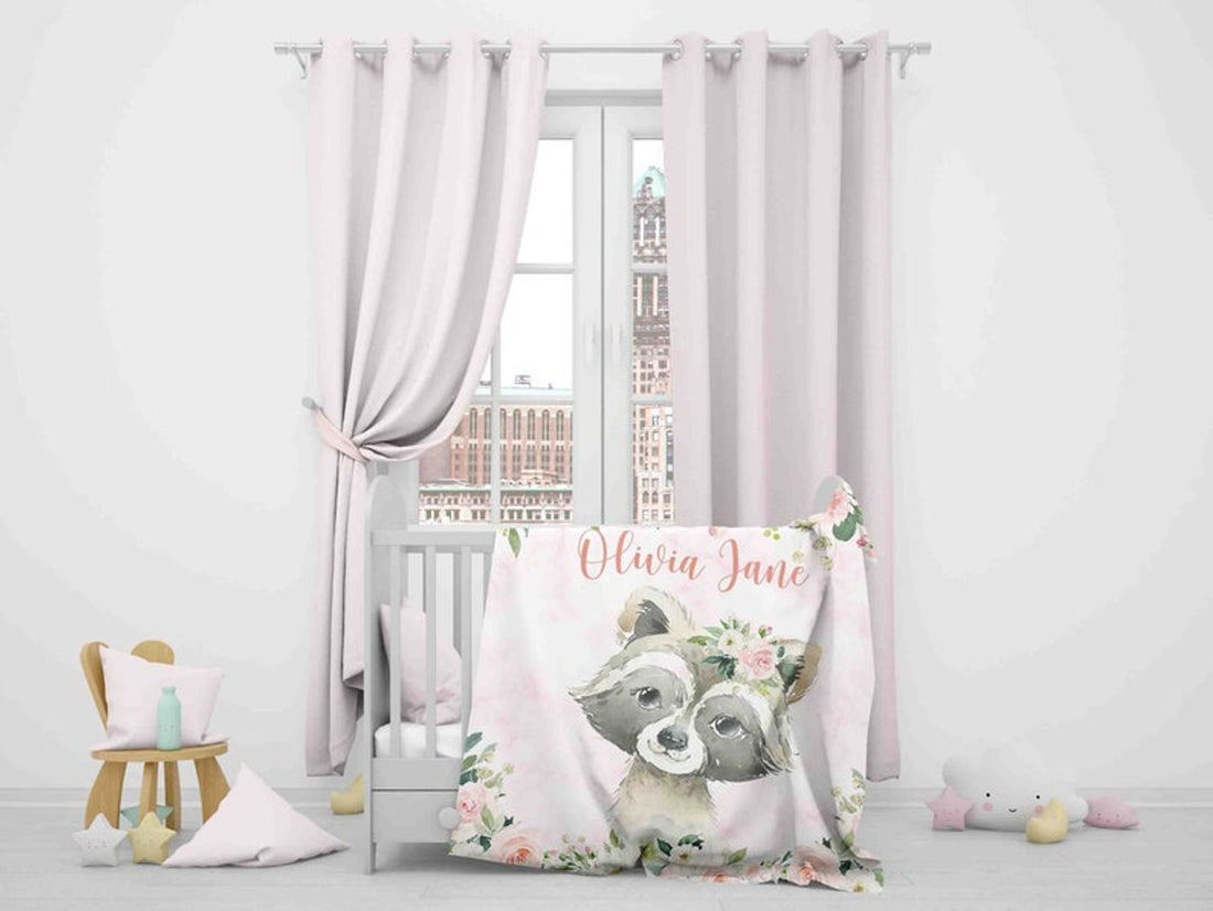 FUNSTUFFPRINT Custom  Pink Floral Raccoon Nursery Blanket, Personalized Baby Raccoon Blanket, Rose Flowers Girl Blanket, Kids Custom Name Blanket Baby Shower Gift