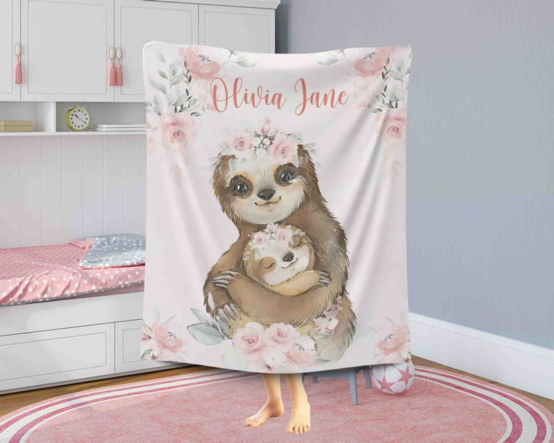 FUNSTUFFPRINT Custom  Mom And Baby Sloth Nursery Blanket, Personalized Floral Sloth Blanket, Flowers Girl Room Decor, Kids Custom Name Blanket, Baby Shower Gift