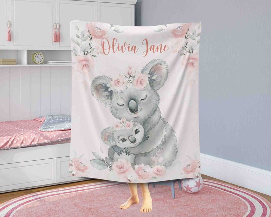 FUNSTUFFPRINT Custom  Mom And Baby Koala Nursery Blanket, Personalized Floral Koala Blanket, Flowers Girl Room Decor Kids Custom Name Blanket Baby Shower Gift