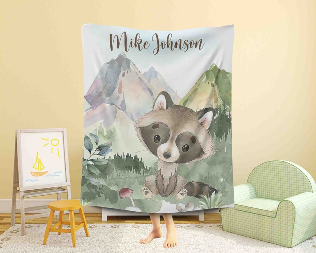 FUNSTUFFPRINT Custom  Little Raccoon Nursery Blanket, Personalized Baby Raccoon Blanket, Woodland Animal Baby Blanket Kids Custom Name Blanket Baby Shower Gift