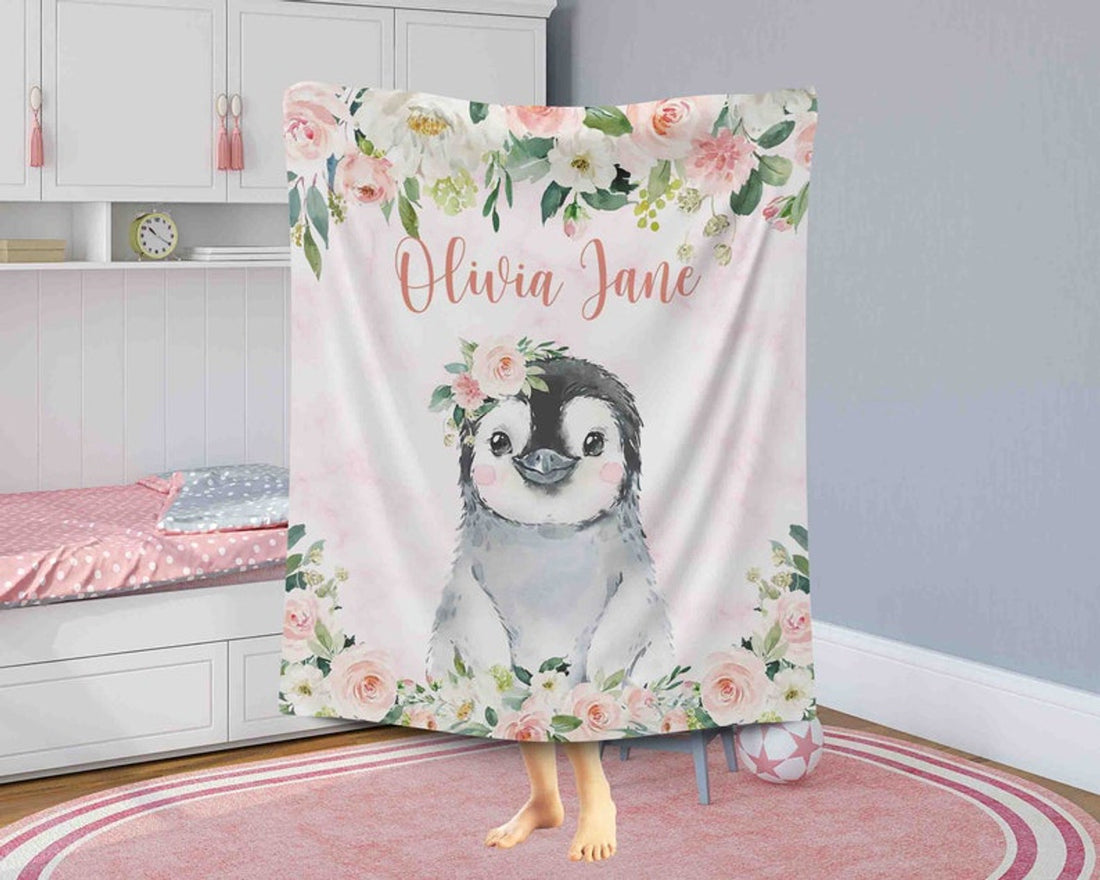 FUNSTUFFPRINT Custom  Pink Floral Penguin Nursery Blanket, Personalized Baby Blanket, Rose Flowers Little Girl Blanket Animal Baby Shower Gift Kids Custom Blanket