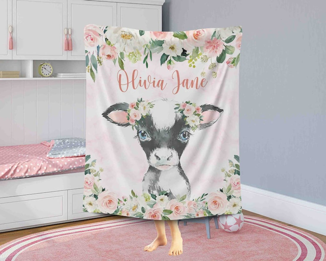 FUNSTUFFPRINT Custom  Baby Cow Blanket, Pink Floral Cow Nursery Blanket, Rose Flowers Little Girl Blanket, Baby Shower Gift, Kids Custom Name Blanket