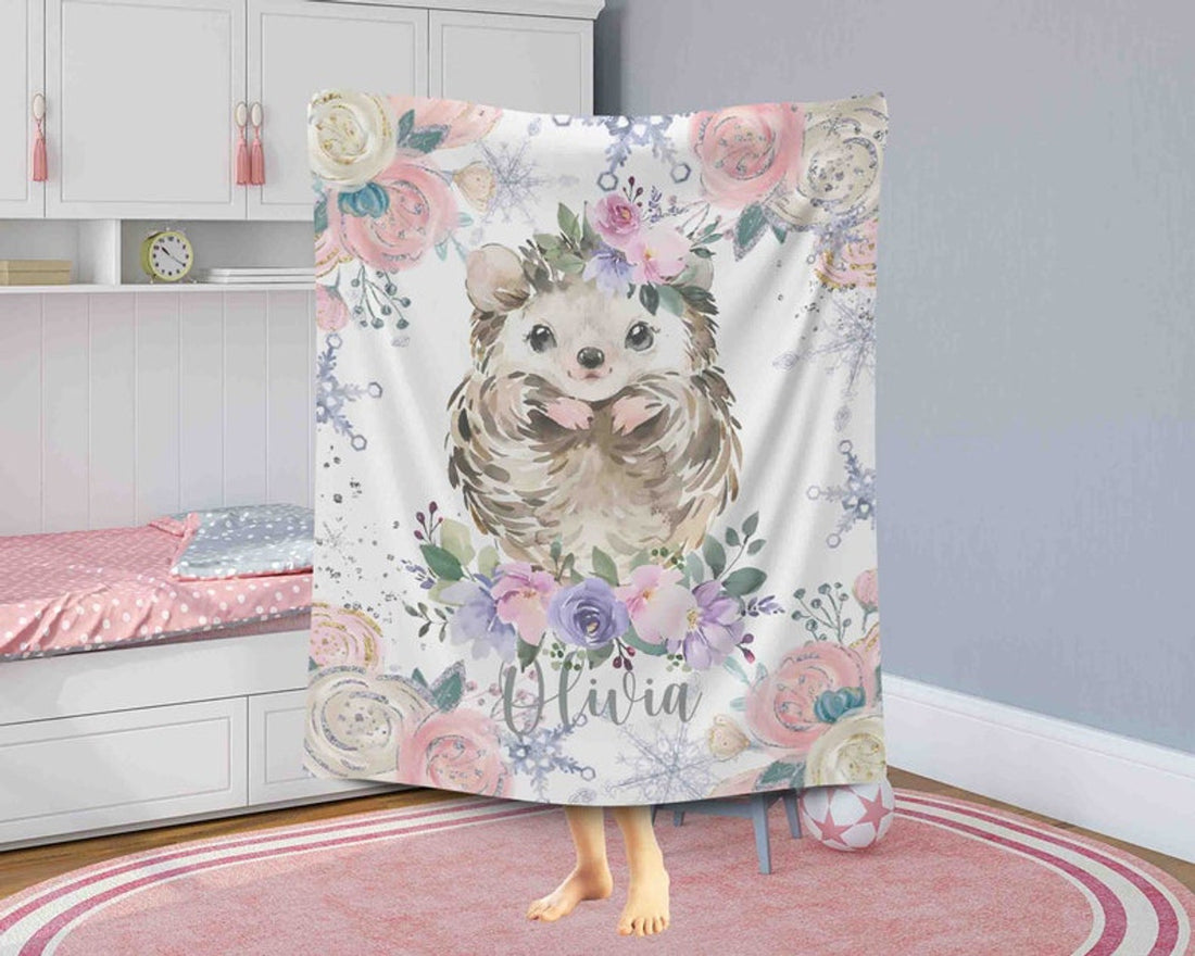 FUNSTUFFPRINT Custom  Winter Floral Hedgehog Nursery Blanket, Personalized Baby Animal Blanket, Christmas Baby Blanket Kids Custom Name Jungle Baby Shower Gift