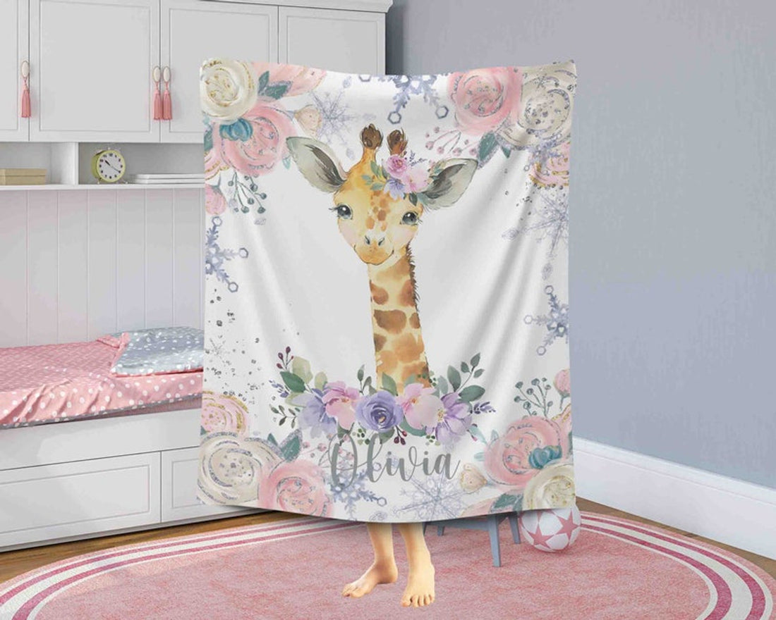 FUNSTUFFPRINT Custom  Winter Floral Giraffe Nursery Blanket, Personalized Baby Giraffe Blanket, Christmas Baby Blanket Kids Custom Name Jungle Baby Shower Gift