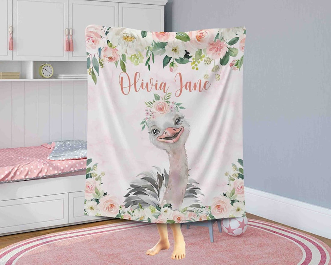 FUNSTUFFPRINT Custom  Baby Ostrich Blanket, Pink Floral Ostrich Nursery Blanket, Rose Flowers Girl Blanket, Personalized Baby Shower Gift Kids Custom Name Blanket