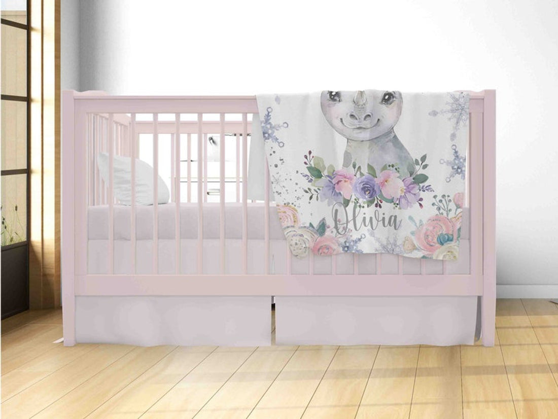 FUNSTUFFPRINT Custom  Winter Floral Rhino Nursery Blanket, Personalized Baby Rhino Blanket Christmas Baby Blanket Kids Custom Name Blanket Jungle Baby Shower Gift
