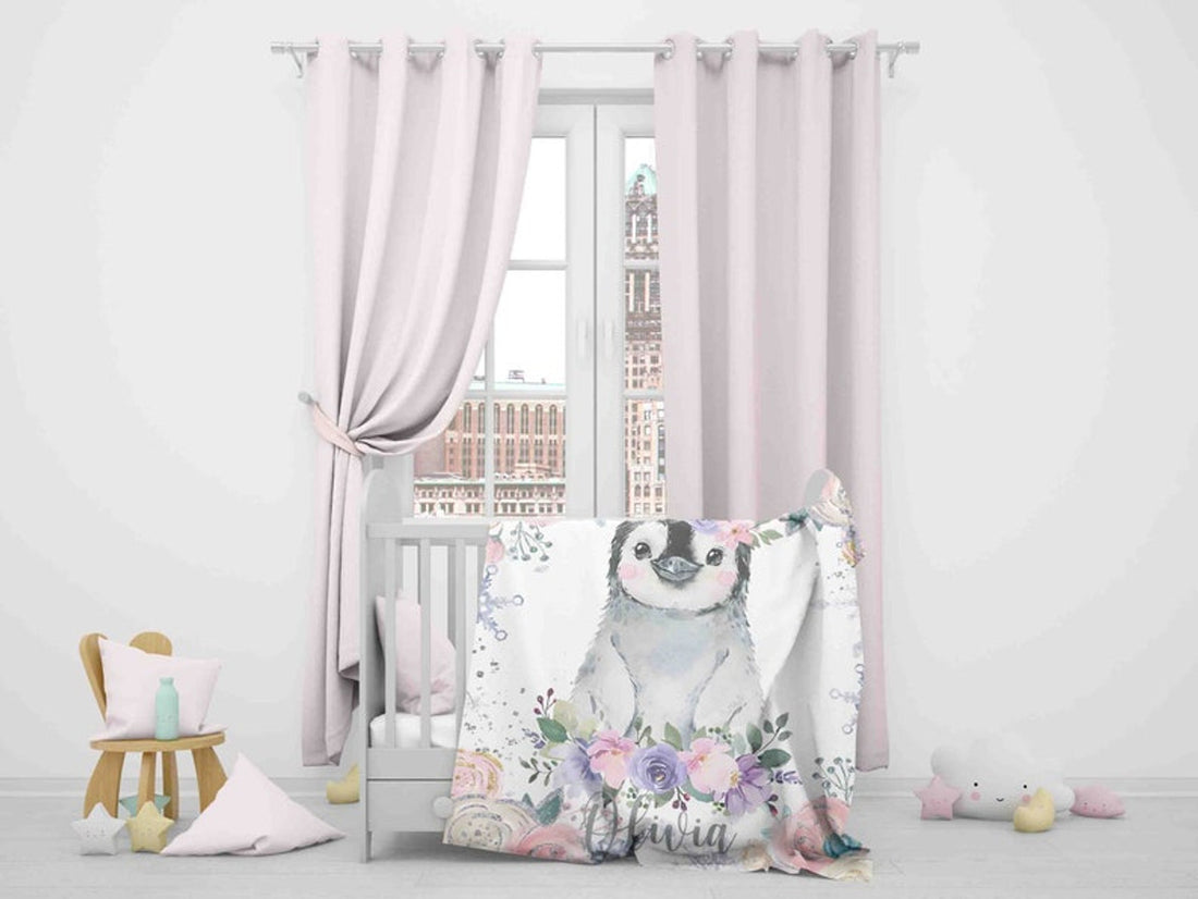 FUNSTUFFPRINT Custom  Baby Penguin Blanket, Winter Floral Penguin Nursery Blanket, Christmas Baby Kids Custom Name Blanket, Arctic Baby Shower Gift