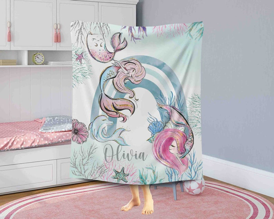 FUNSTUFFPRINT Custom  Little Mermaid Nursery Blanket, Personalized Underwater Rainbow Blanket, Baby Mermaid Kids Custom Name Blanket, Ocean Baby Shower Gift