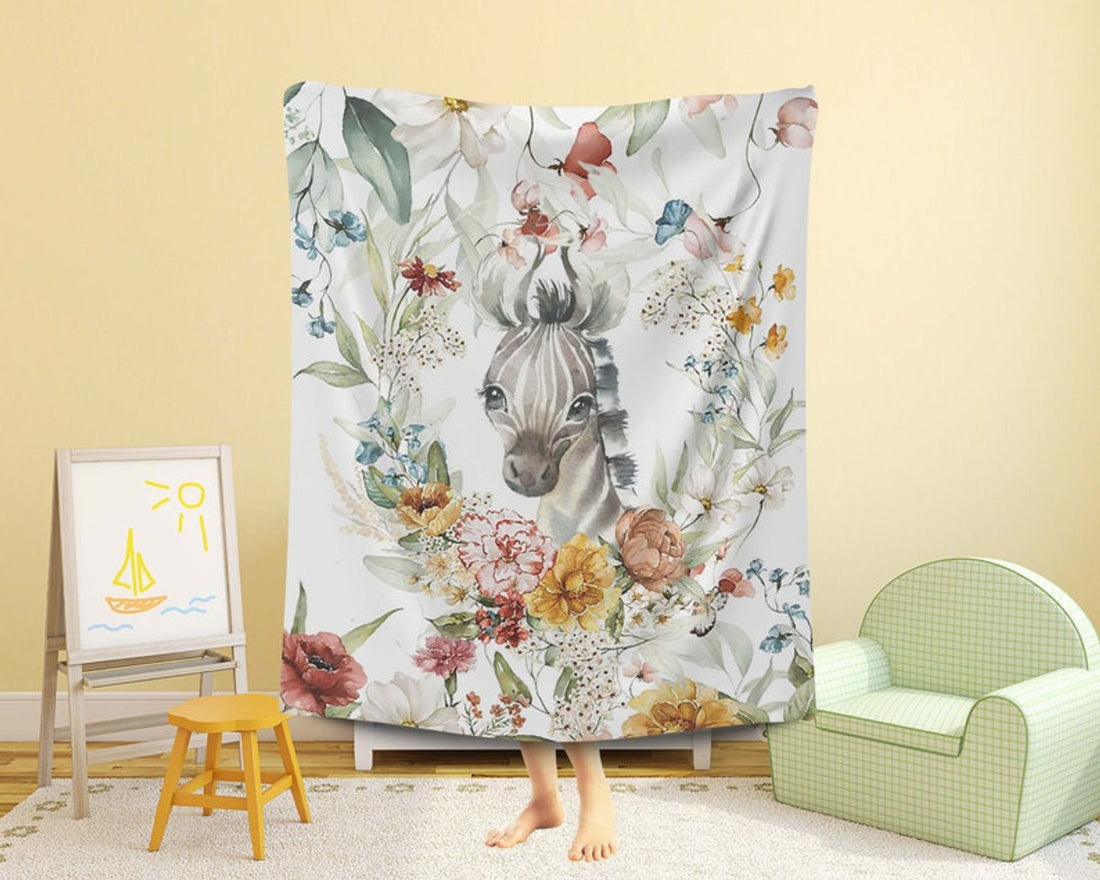 FUNSTUFFPRINT Custom  Spring Floral Zebra Nursery Blanket, Personalized Baby Animal Blanket, Jungle Baby Blanket Kids Custom Name Blanket Baby Shower Gift