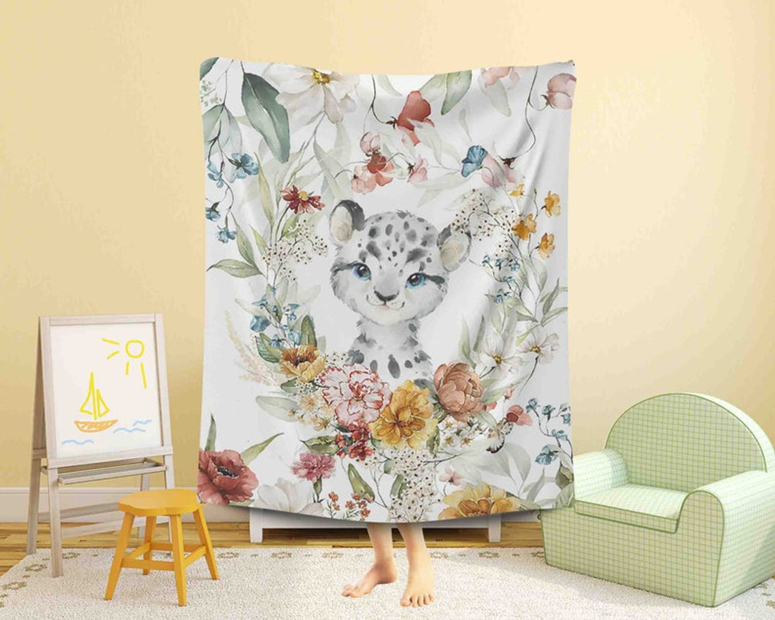 FUNSTUFFPRINT Custom  Snow Leopard Nursery Blanket, Spring Floral Baby Animal Blanket, Personalized Jungle Baby Blanket Kids Custom Name Blanket Baby Shower Gift