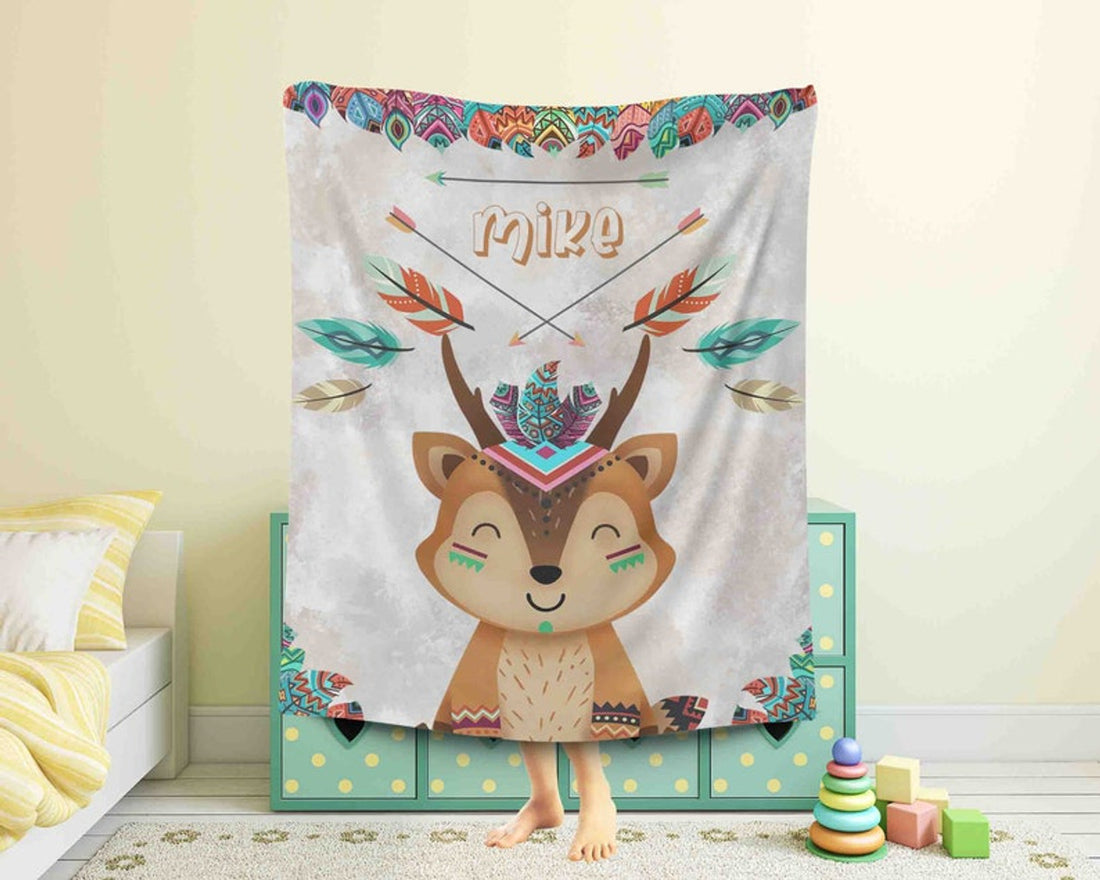 FUNSTUFFPRINT Custom  Boho Deer Nursery Blanket, Custom Kids Blanket, Personalized Baby Boy Blanket, Woodland Forest Toddler Blanket, Safari Baby Shower Gift