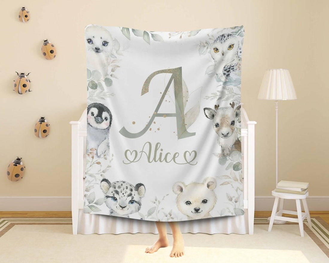 FUNSTUFFPRINT Custom  Baby Animals Blanket, Winter Snow Animal Nursery Blanket, Custom Alphabet Blanket, Personalized Baby Shower Gift, Arctic Kids Custom Blanket