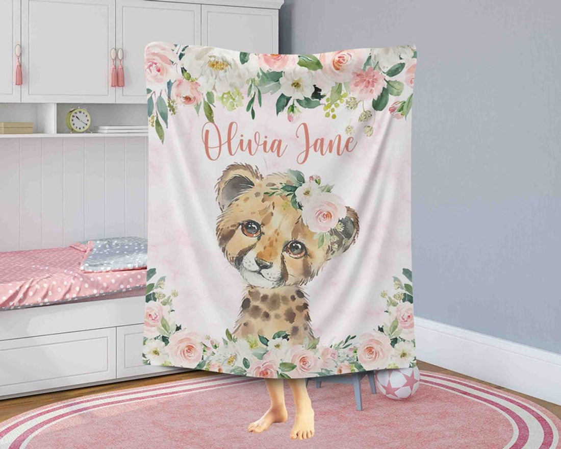FUNSTUFFPRINT Custom  Pink Floral Leopard Nursery Blanket, Personalized Baby Cheetah Blanket, Rose Flowers Girl Blanket, Kids Custom Name Blanket Baby Shower Gift