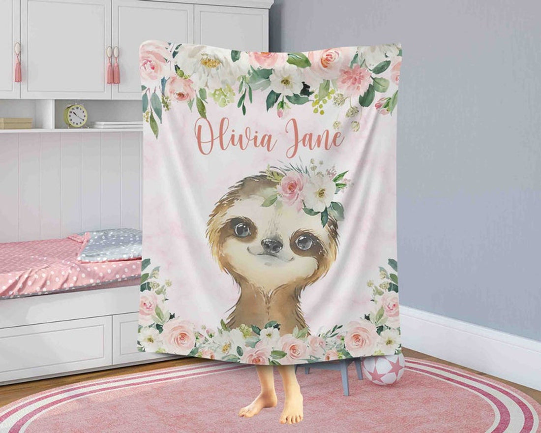 FUNSTUFFPRINT Custom  Pink Floral Sloth Nursery Blanket, Personalized Baby Sloth Blanket, Rose Flowers Girl Blanket, Kids Custom Name Blanket, Baby Shower Gift