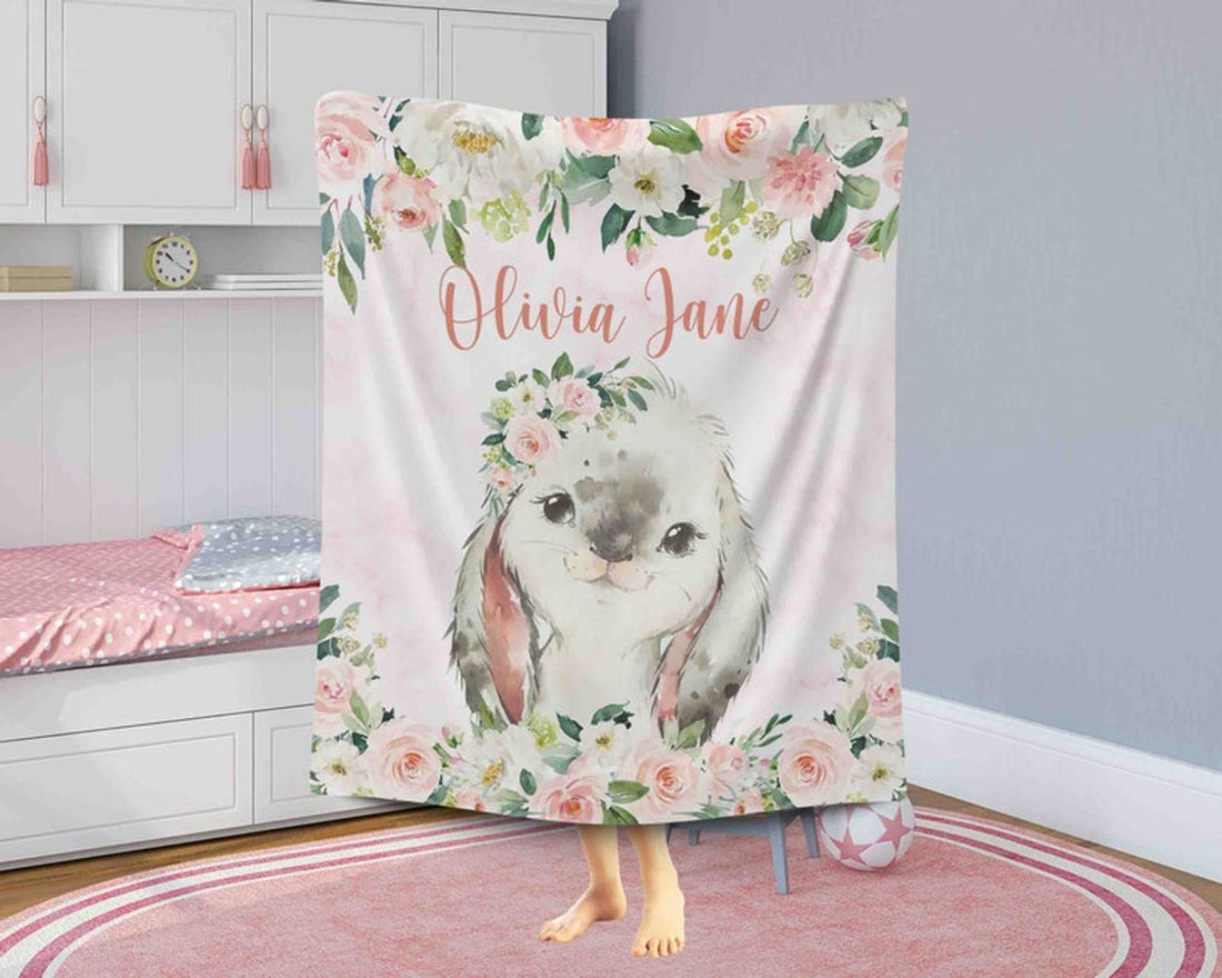 FUNSTUFFPRINT Custom  Pink Floral Bunny Nursery Blanket, Personalized Baby Rabbit Blanket, Rose Flowers Little Girl Blanket, Baby Shower Gift, Kids Custom Blanket