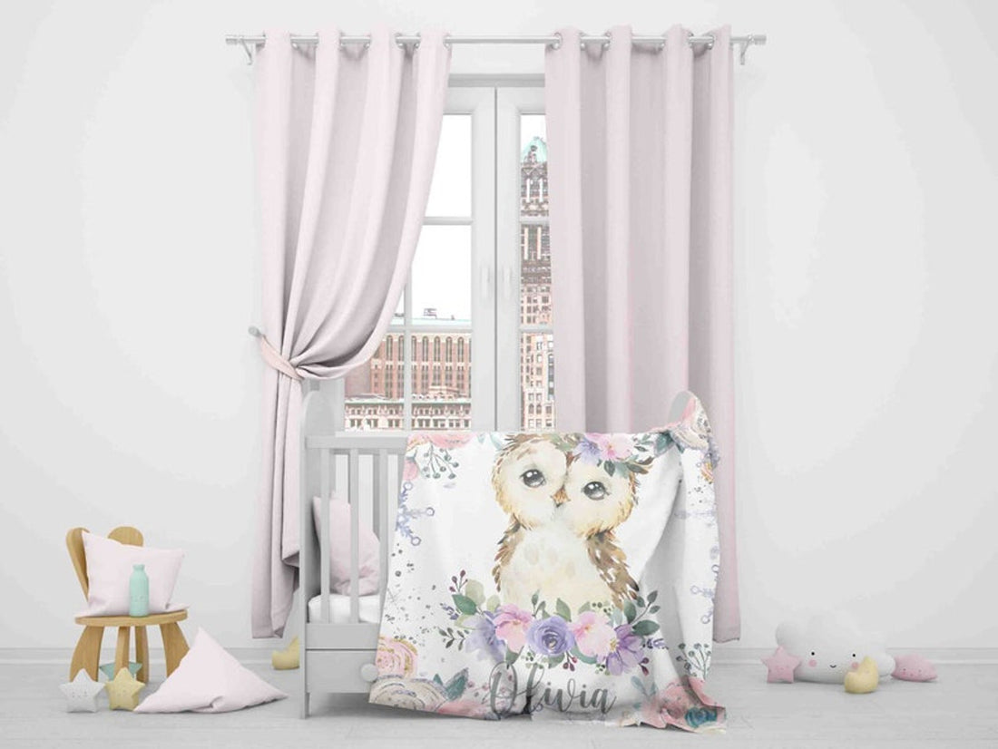 FUNSTUFFPRINT Custom  Winter Floral Owl Nursery Blanket, Personalized Baby Owl Blanket, Christmas Baby Blanket Kids Custom Name Blanket Jungle Baby Shower Gift