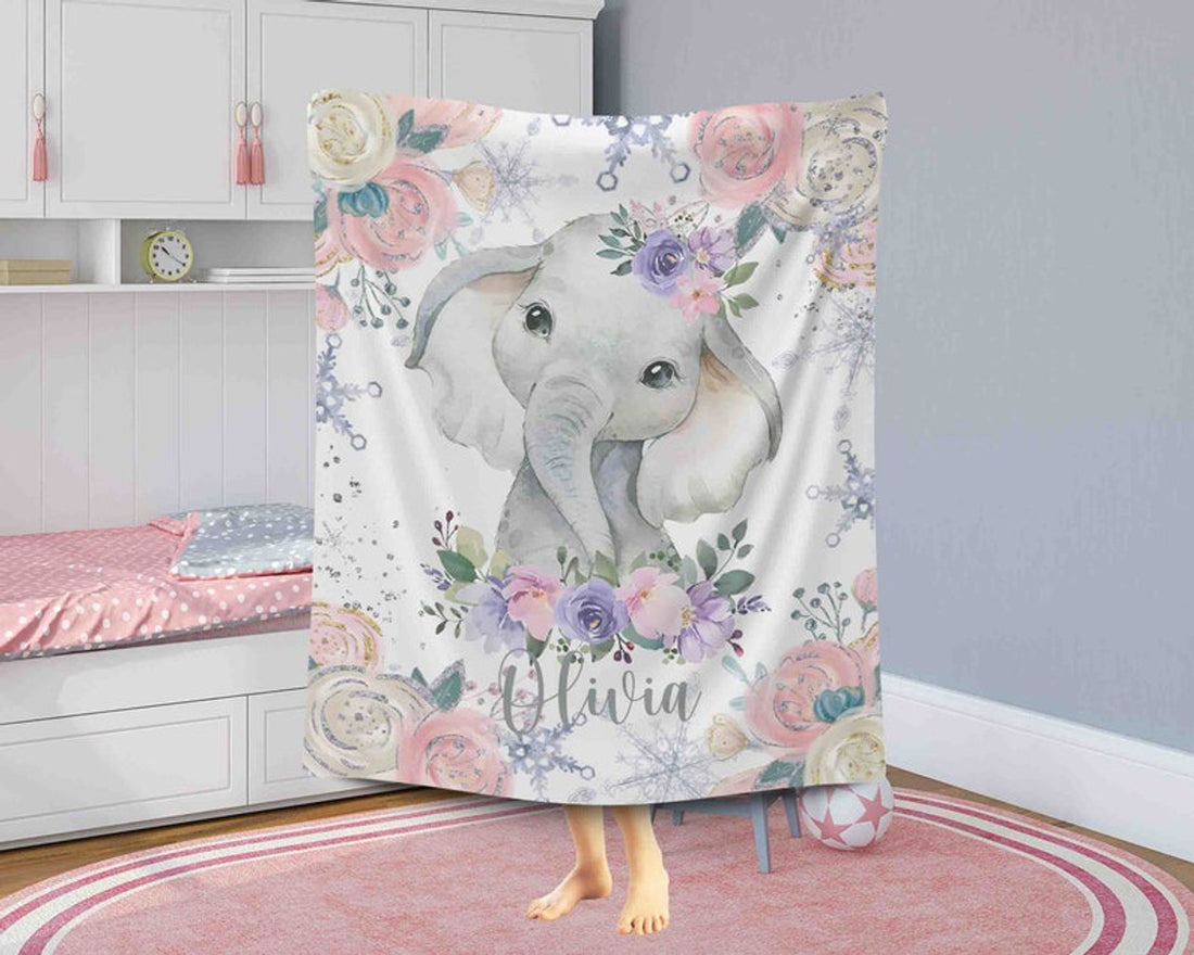 FUNSTUFFPRINT Custom  Winter Floral Elephant Nursery Blanket, Personalized Baby Animal Blanket, Christmas Baby Blanket Kids Custom Name Jungle Baby Shower Gift