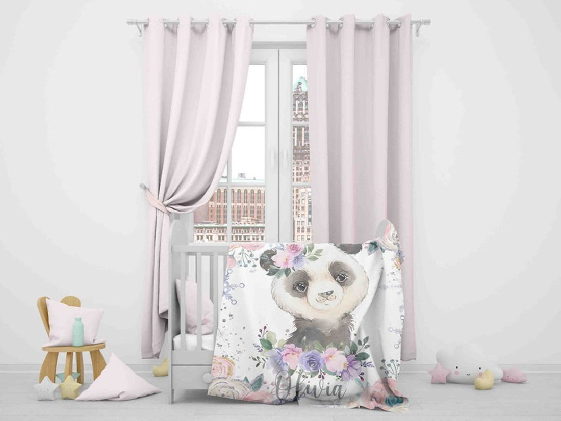 FUNSTUFFPRINT Custom  Winter Floral Panda Nursery Blanket, Personalized Baby Panda Animal Blanket, Christmas Baby Blanket Kids Custom Name Jungle Baby Shower Gift