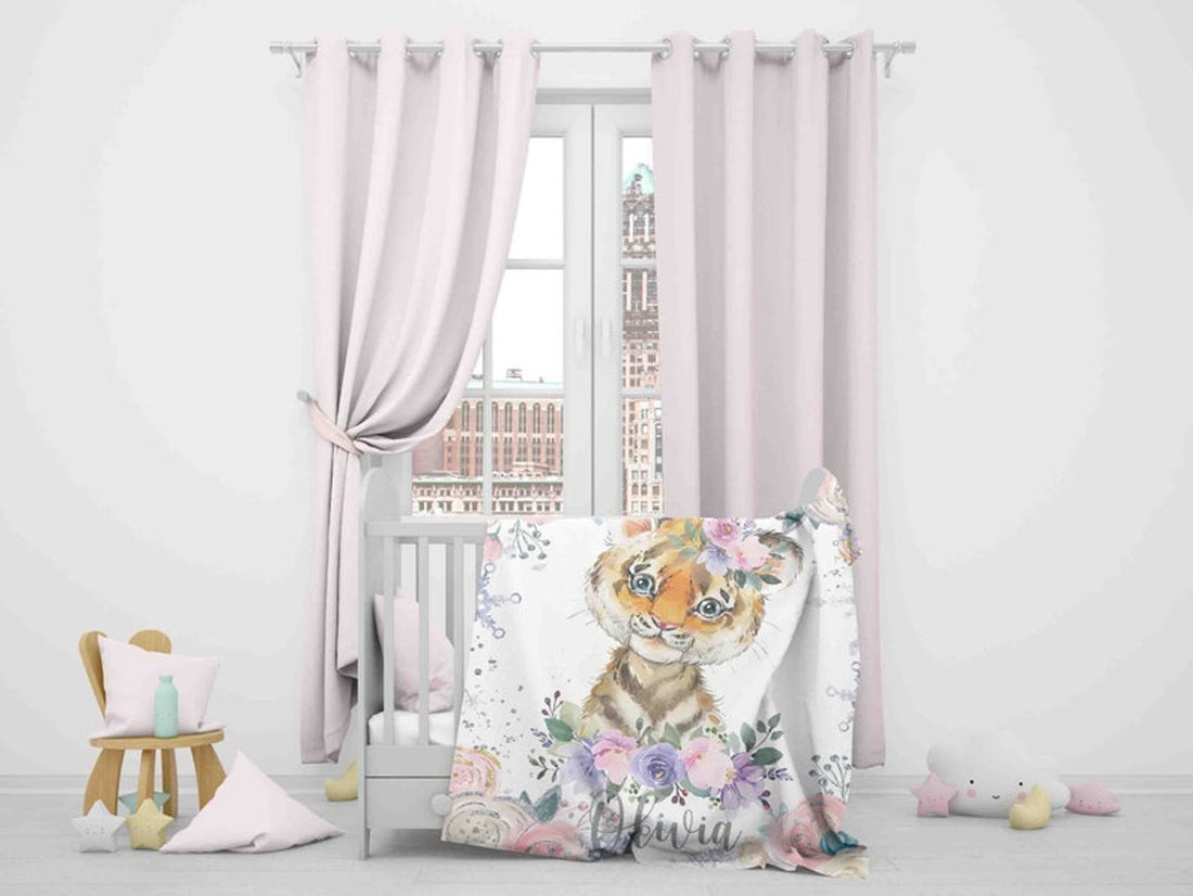FUNSTUFFPRINT Custom  Winter Floral Tiger Nursery Blanket, Personalized Baby Tiger Blanket Christmas Baby Blanket Kids Custom Name Blanket Jungle Baby Shower Gift
