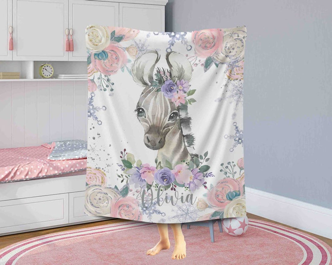 FUNSTUFFPRINT Custom  Winter Floral Zebra Nursery Blanket, Personalized Baby Zebra Blanket Christmas Baby Blanket Kids Custom Name Blanket Jungle Baby Shower Gift