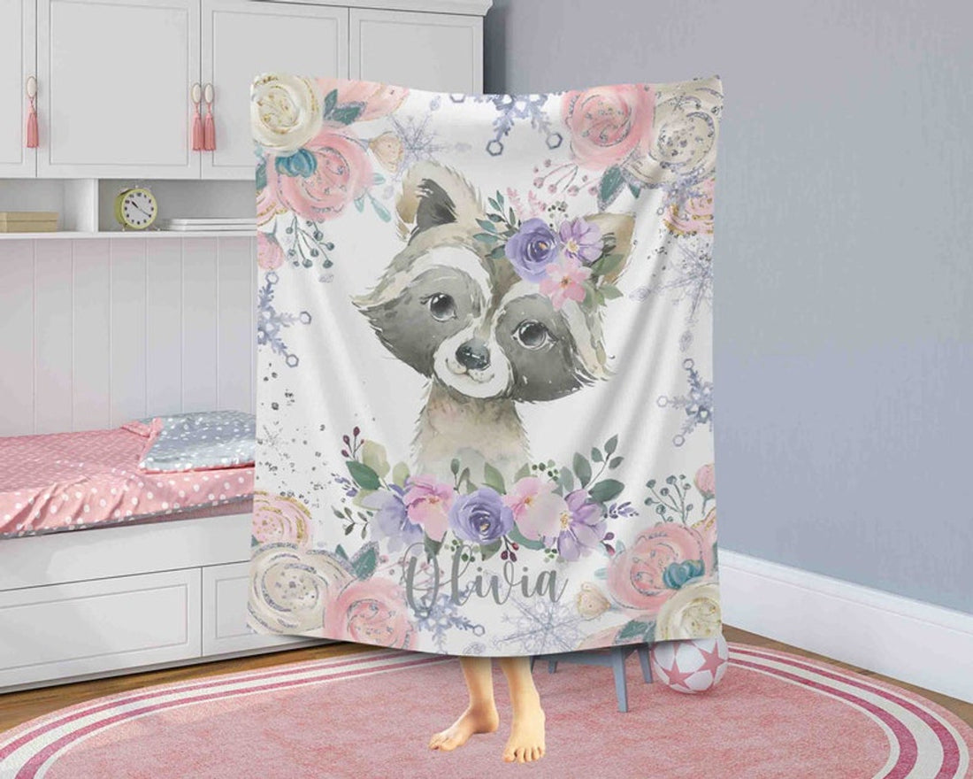 FUNSTUFFPRINT Custom  Winter Floral Raccoon Nursery Blanket, Personalized Baby Animal Blanket, Christmas Baby Kids Custom Name Blanket, Jungle Baby Shower Gift