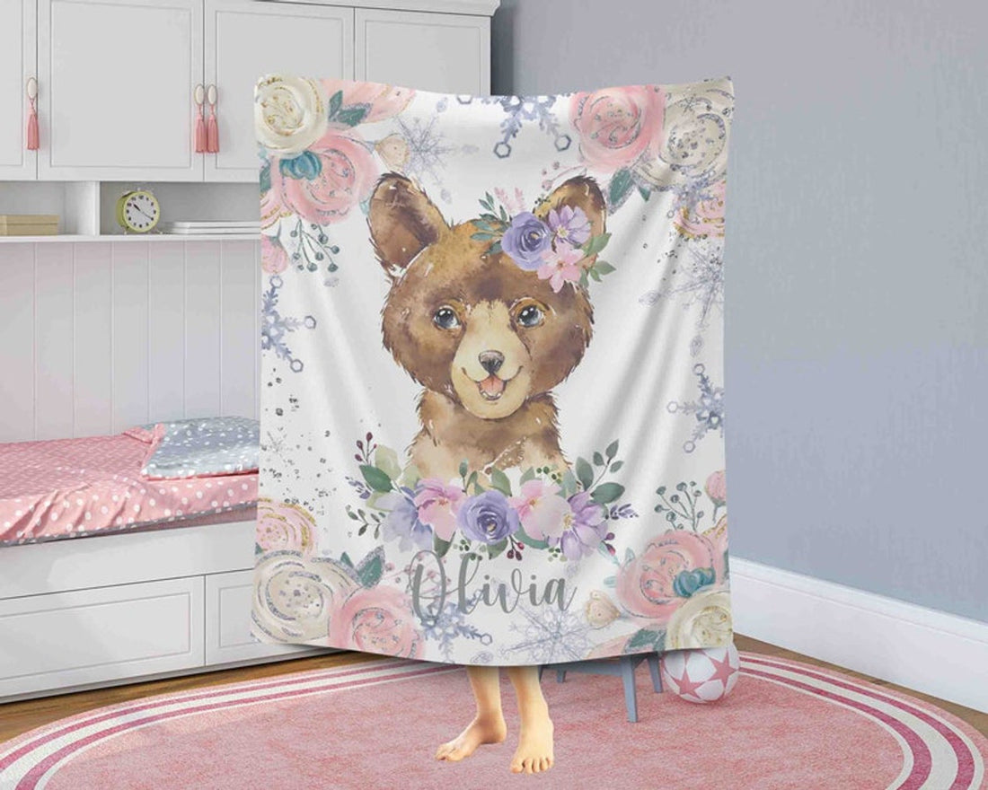 FUNSTUFFPRINT Custom  Woodland Bear Blanket, Winter Floral Animal Nursery Blanket, Christmas Baby Kids Custom Name Blanket, Forest Baby Shower Gift
