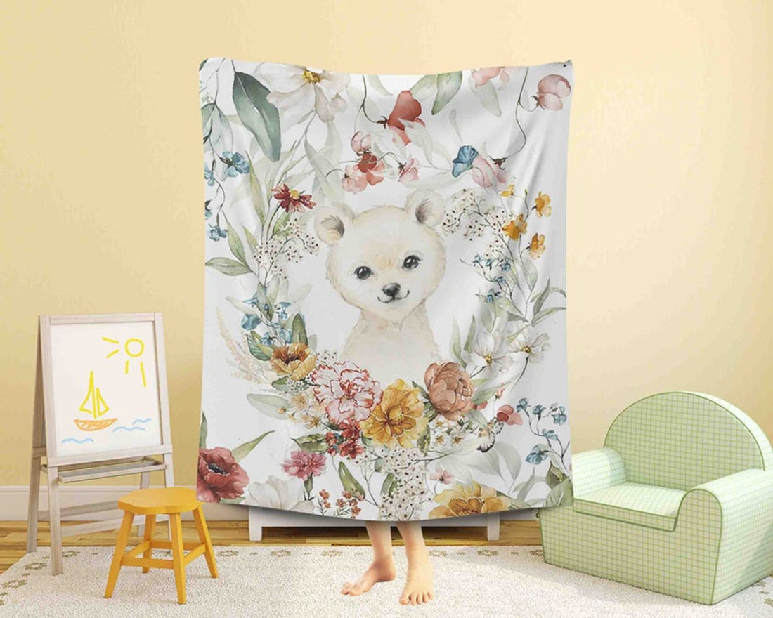FUNSTUFFPRINT Custom  Spring Floral Animal Nursery Blanket, Personalized Baby Polar Bear Blanket, Jungle Baby Blanket Kids Custom Name Blanket Baby Shower Gift