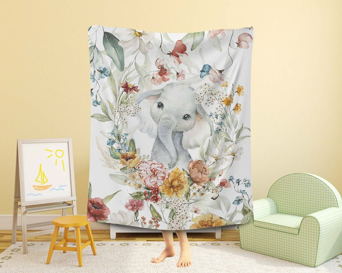 FUNSTUFFPRINT Custom  Spring Floral Animal Nursery Blanket, Personalized Baby Elephant Blanket, Jungle Baby Blanket Kids Custom Name Blanket Baby Shower Gift