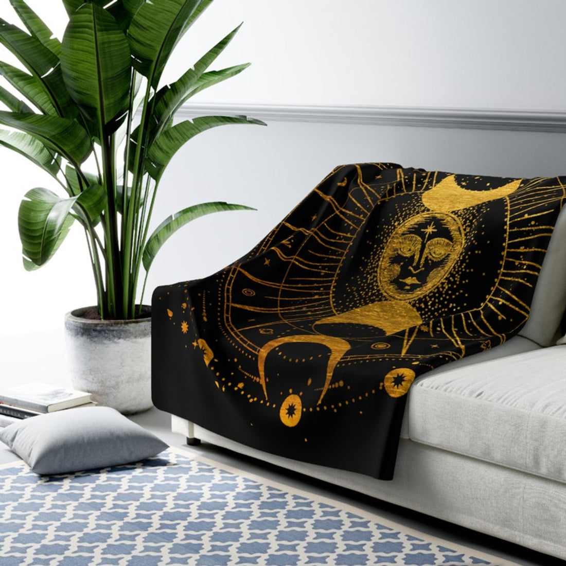 FUNSTUFFPRINT Boho Celestial Sun Moon & Stars Mystical Fleece Sherpa Blanket, Moon Phases Throw Blanket Couch Blanket, Witchy Blanket, Aesthetic Blanket