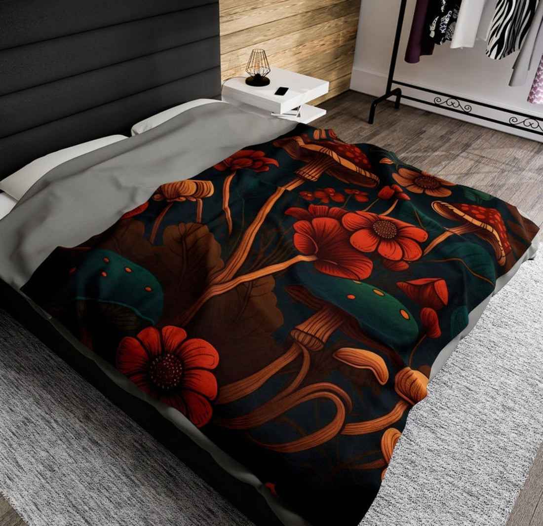 FUNSTUFFPRINT Cottagecore Plush Fleece Blanket, Cozy Floral Mushroom Throw Blanket, Mushroom Decor, Mushroom Bedding, Mushroom Lover Gift