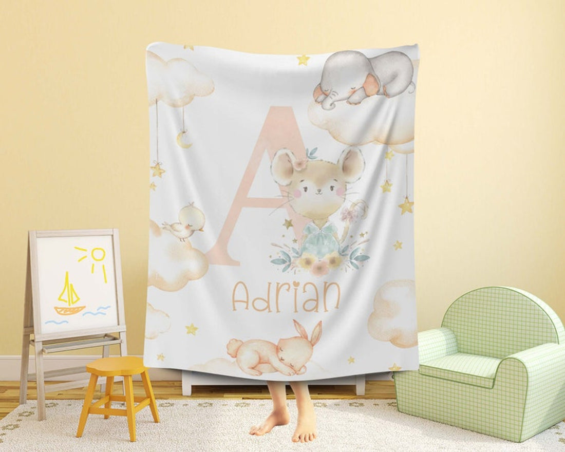 FUNSTUFFPRINT Custom  Animal Alphabet Baby Blanket, Custom Alphabet Nursery Blanket, Floral Baby Boy Blanket, Personalized Baby Shower Gift Kids Blanket With Name