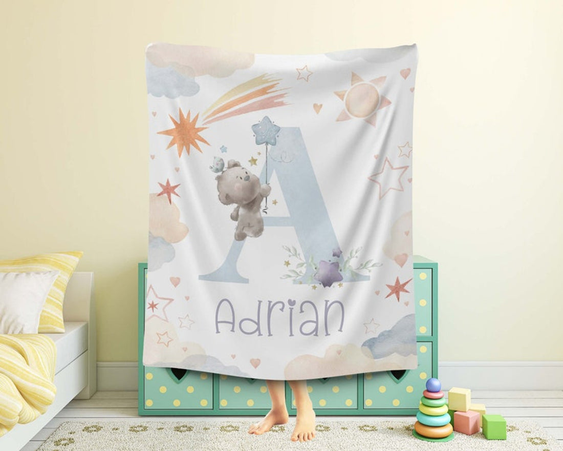 FUNSTUFFPRINT Custom  Alphabet Baby Blanket, Animal Alphabet Nursery Blanket, Teddy Bear Baby Boy Blanket, Personalized Baby Shower Gift, Kids Name Blanket