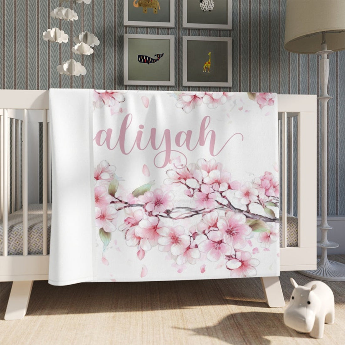 FUNSTUFFPRINT Custom  Cherry Blossom Blanket, Personalized Baby Blanket, Custom Name Nursery Blanket, Pink Floral Baby Shower Gift, Kids Custom Blanket For Her