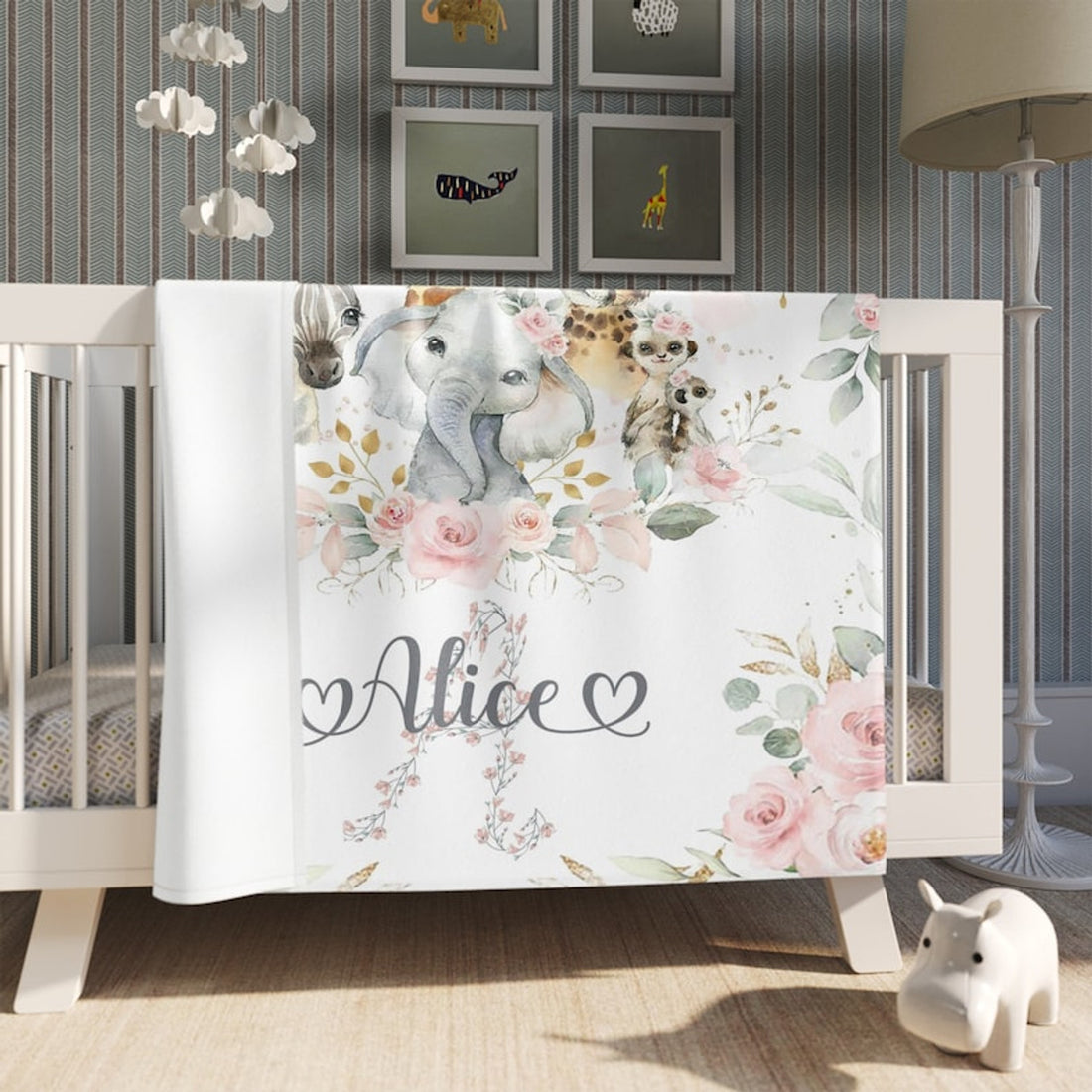 FUNSTUFFPRINT Custom   Safari Animal Nursery Blanket, Personalized Floral Animal Blanket, Rose Flowers Girl Room Decor Kids Custom Name Blanket Baby Shower Gift