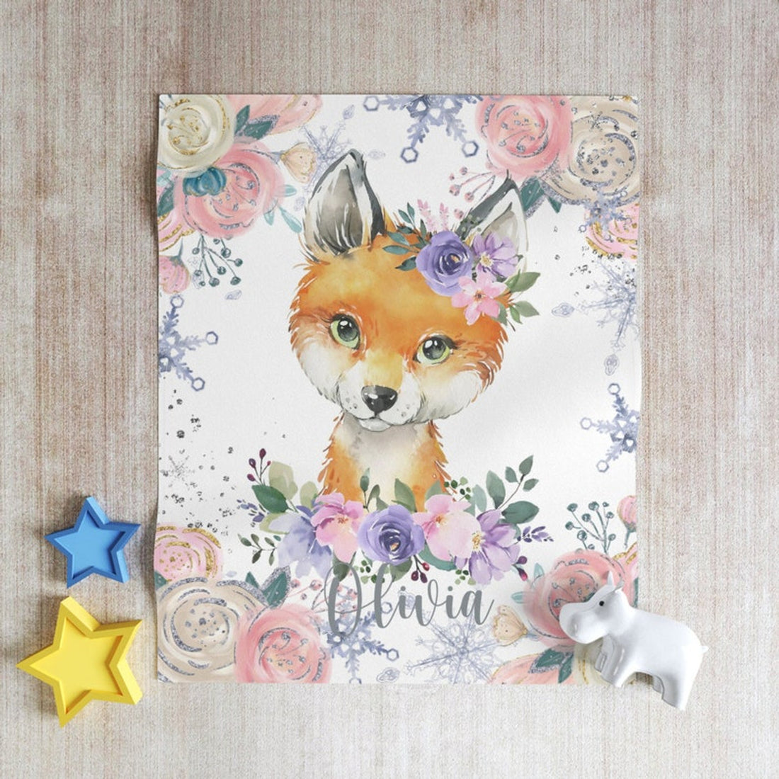 FUNSTUFFPRINT Custom  Winter Floral Fox Nursery Blanket, Personalized Baby Fox Animal Blanket, Christmas Baby Blanket Kids Custom Name Jungle Baby Shower Gift