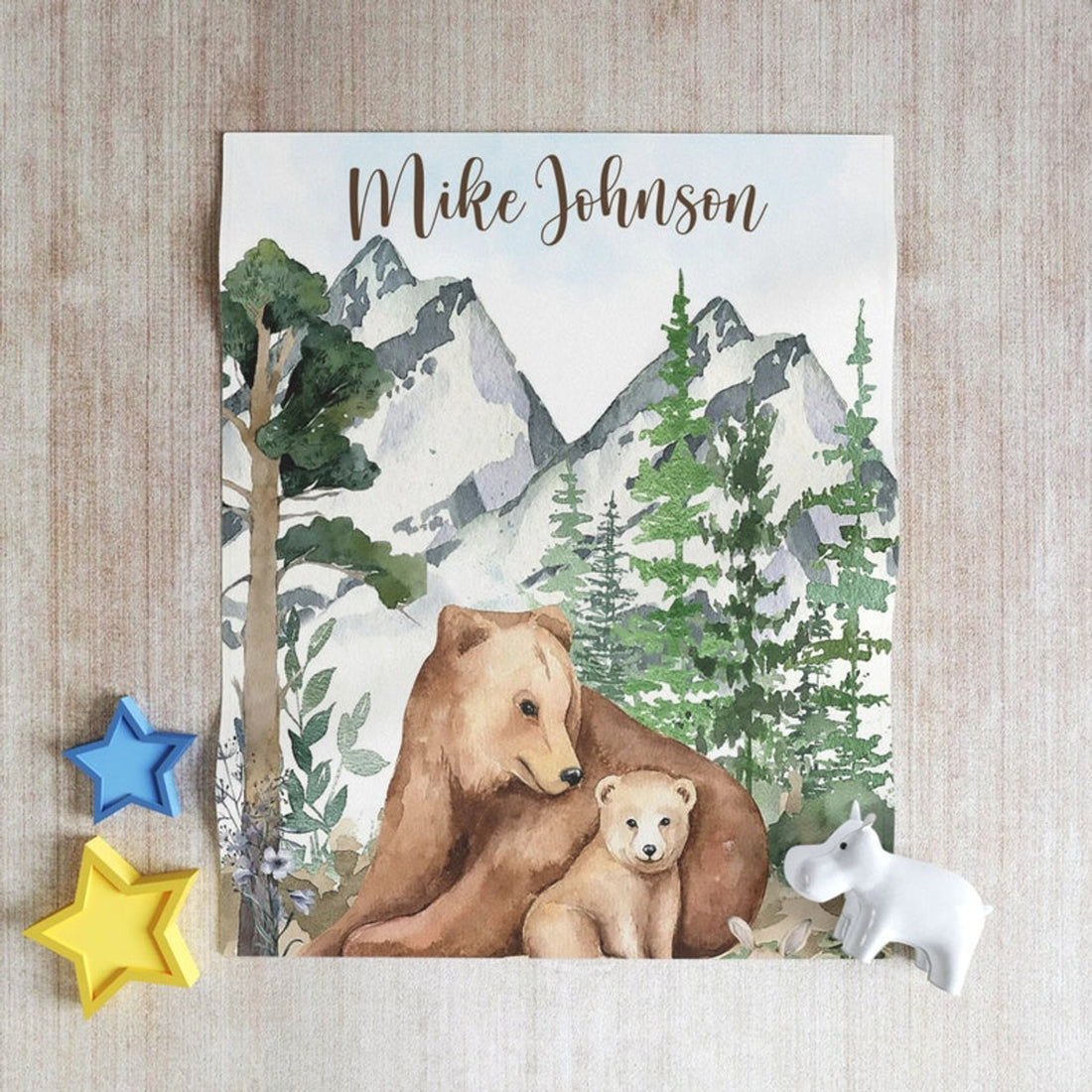 FUNSTUFFPRINT Custom  Mom And Baby Bear Nursery Blanket, Personalized Woodland Bear Blanket, Forest Animal Baby Blanket Kids Custom Name Blanket Baby Shower Gift