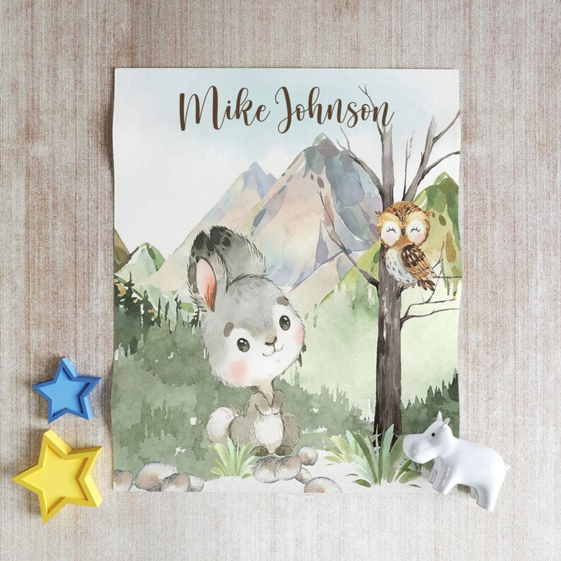FUNSTUFFPRINT Custom  Little Bunny Nursery Blanket, Personalized Baby Owl Blanket, Woodland Animal Baby Blanket Kids Custom Name Blanket Forest Baby Shower Gift