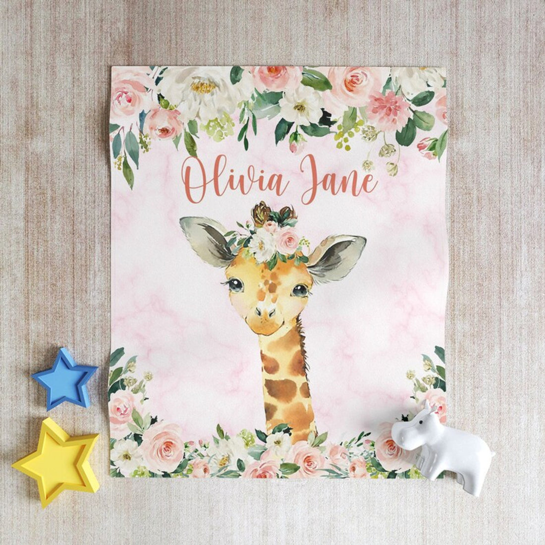 FUNSTUFFPRINT Custom  Baby Giraffe Blanket, Pink Floral Giraffe Nursery Blanket, Rose Flowers Girl Blanket, Kids Custom Blanket, Baby Shower Gift