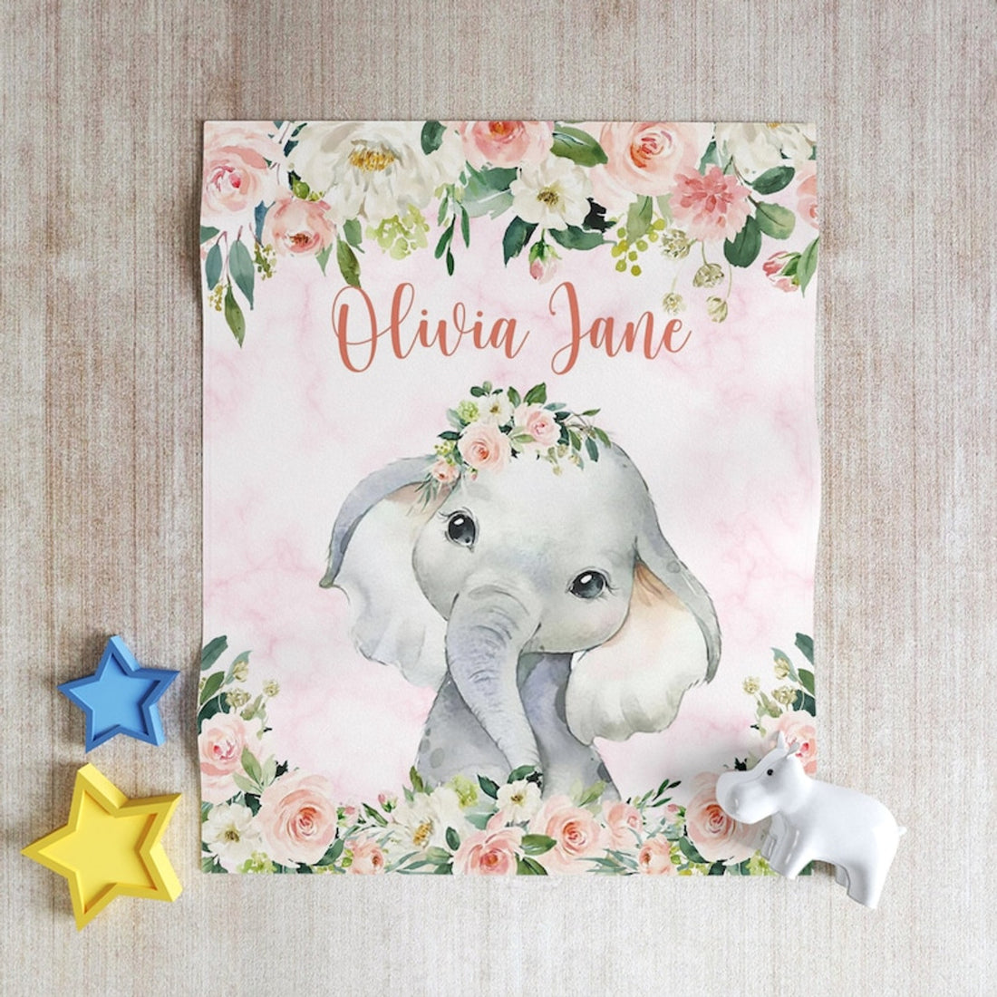 FUNSTUFFPRINT Custom  Pink Floral Elephant Nursery Blanket, Personalized Baby Elephant Blanket, Rose Flowers Girl Blanket, Kids Custom Blanket, Baby Shower Gift