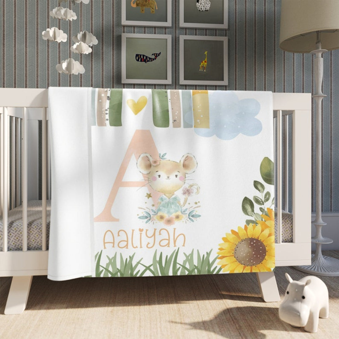 FUNSTUFFPRINT Custom  Alphabet Rainbow Blanket, Animal Alphabet Baby Blanket, Sunflower Nursery Blanket, Personalized Baby Shower Gift, Kids Name Blanket