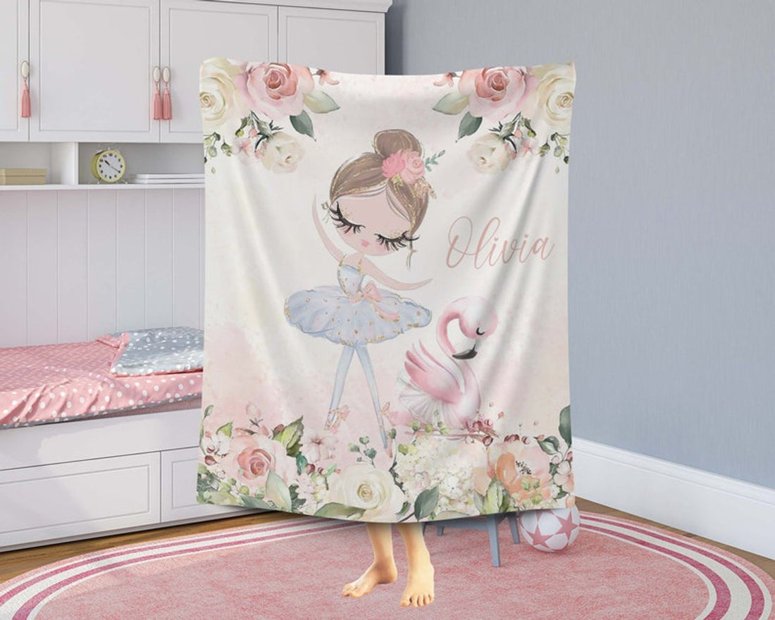 FUNSTUFFPRINT Custom  Ballet Girl Nursery Blanket, Ballerina Blanket, Personalized Dancer Gift, Flowers Baby Blanket, Kids Custom Blanket, Floral Baby Shower Gift
