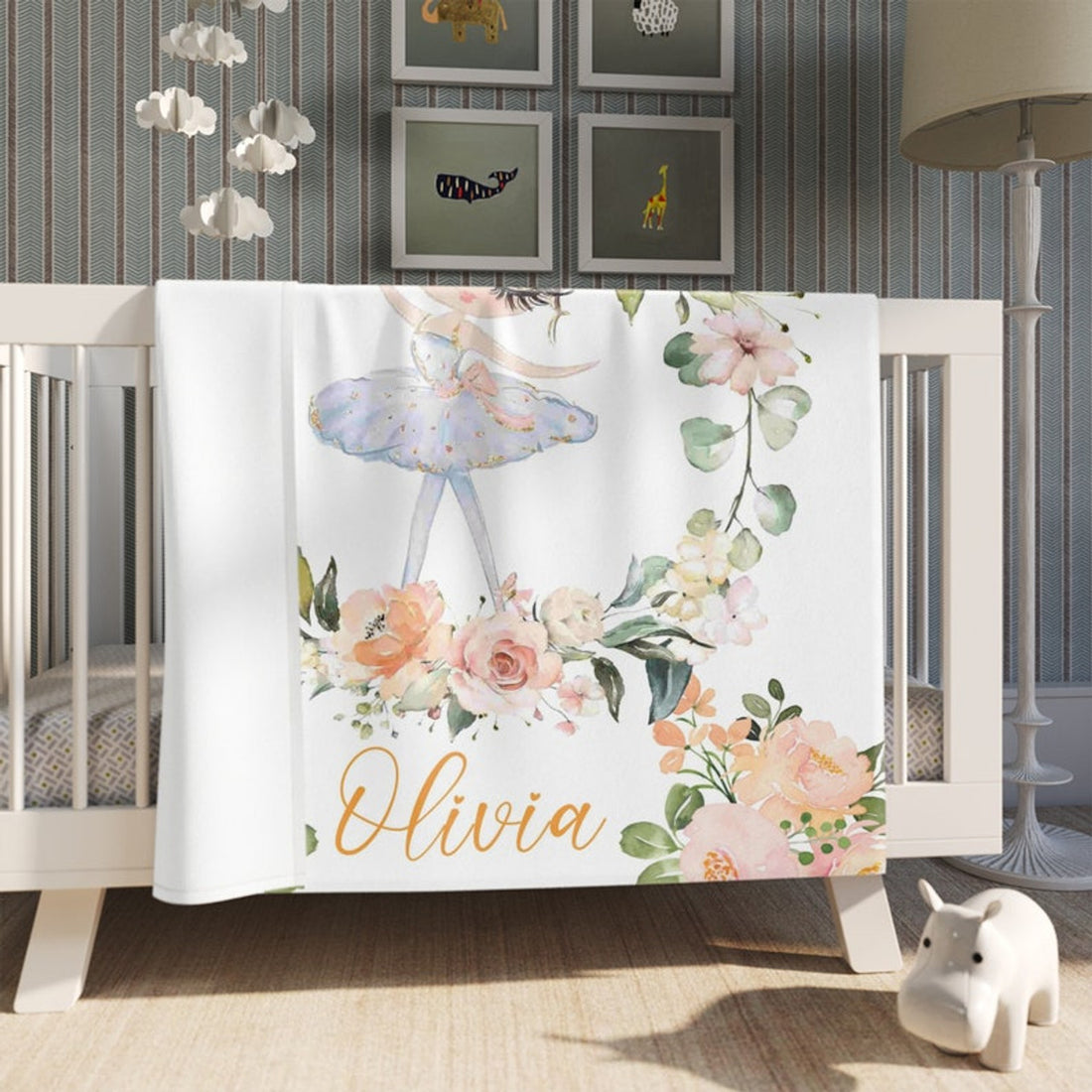 FUNSTUFFPRINT Custom  Ballerina Blanket, Ballet Girl Nursery Blanket, Personalized Dancer Gift, Flowers Baby Blanket, Kids Custom Blanket, Floral Baby Shower Gift