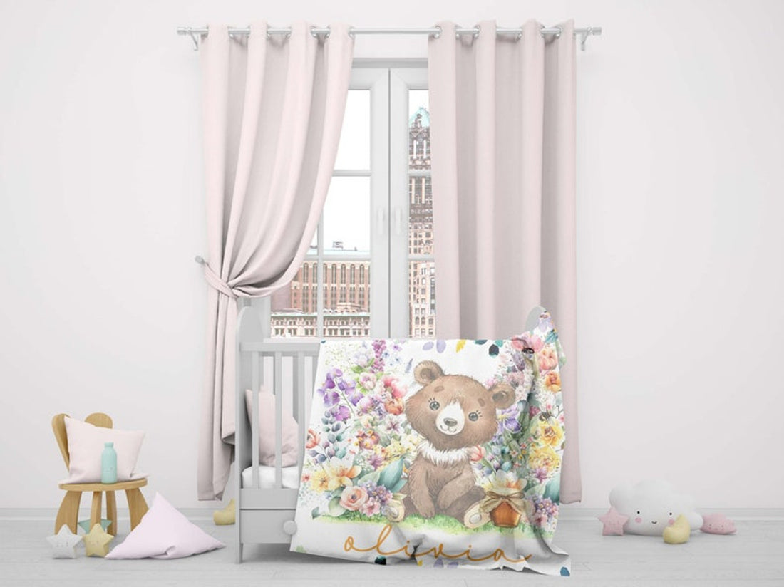 FUNSTUFFPRINT Custom  Floral Nursery Blanket, Personalized Woodland Animal Blanket, Little Bear Baby Blanket, Kids Custom Name Blanket, Colorful Baby Shower Gift