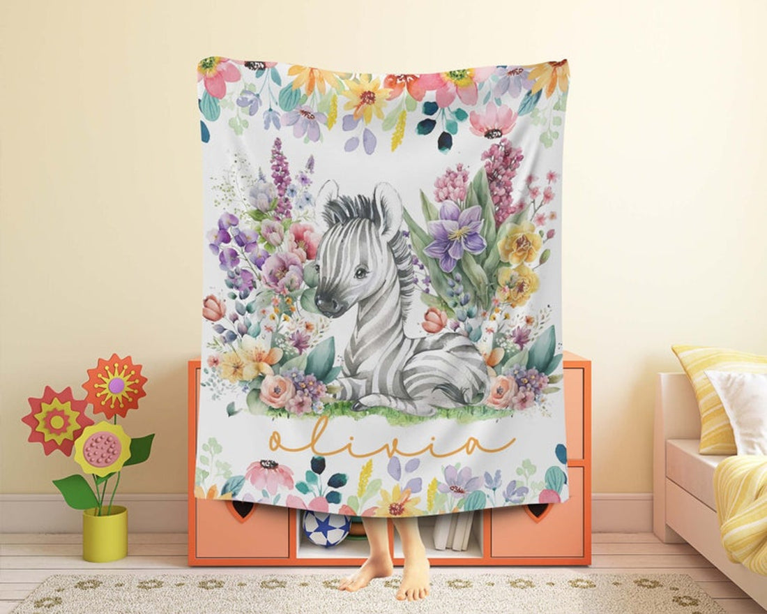 FUNSTUFFPRINT Custom  Little Zebra Baby Blanket, Colorful Floral Nursery Blanket, Personalized Jungle Animal Blanket, Kids Custom Name Blanket Baby Shower Gift